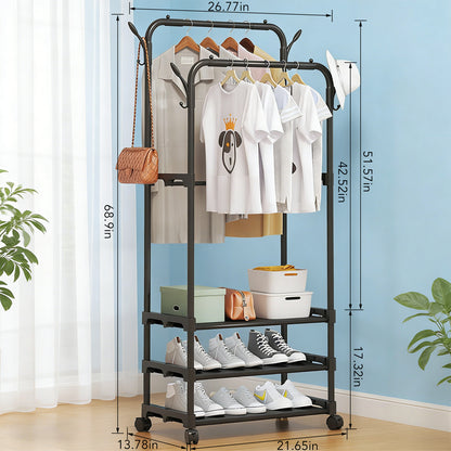 Clothing Garment Rack - 26.8" × 13.8" × 69" Double Rails Closet Rack with 3-Tier Shoe Rack and Wheels, Shoe Organizer for Entryway, Bedroom, or Laundry, Black