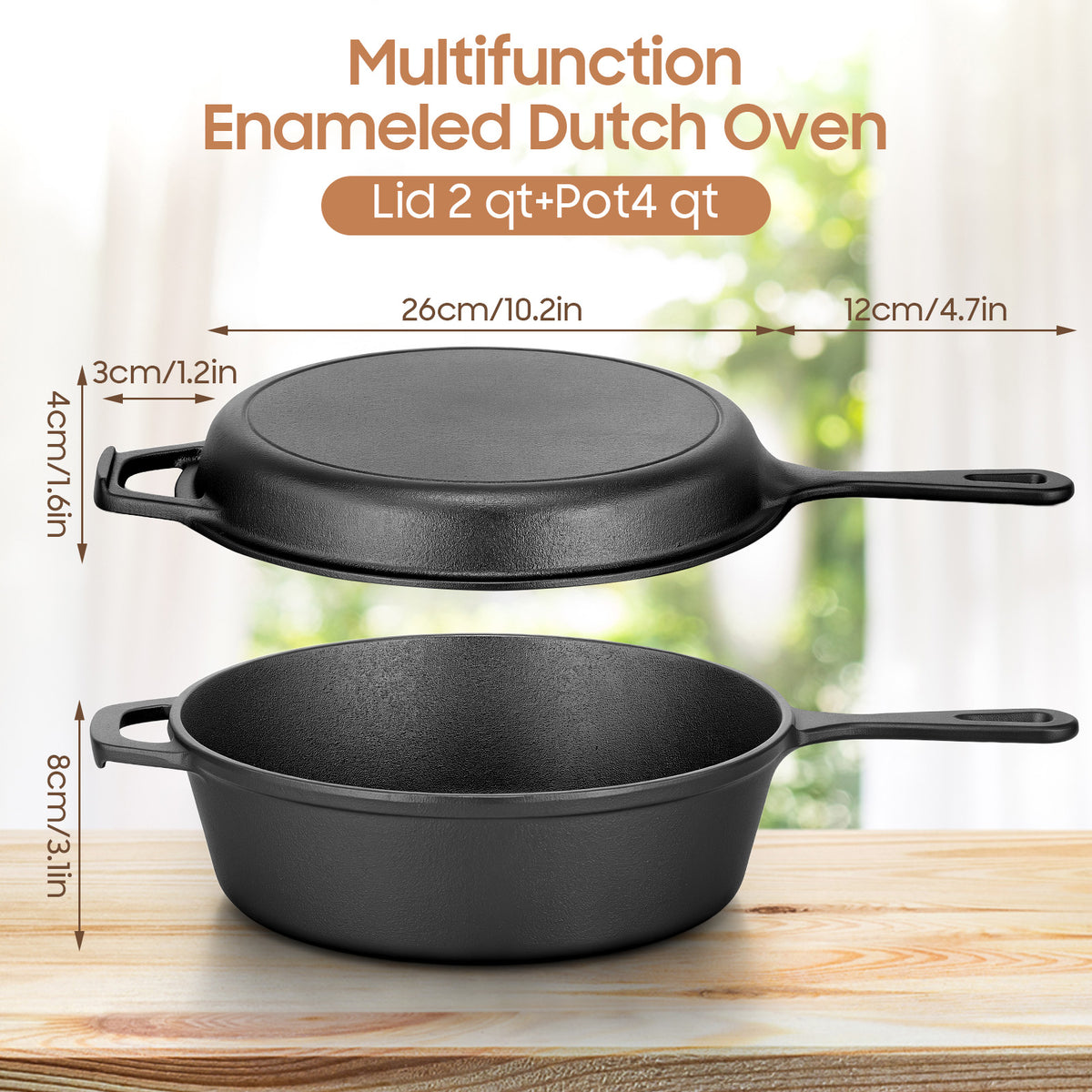 2-in-1 Cast Iron Dutch Oven Pot, with Skillet & Lid, 3QT Deep Pot + 1.5QT Frying Pan, Versatile for Oven, Stove, Grill, Campfire