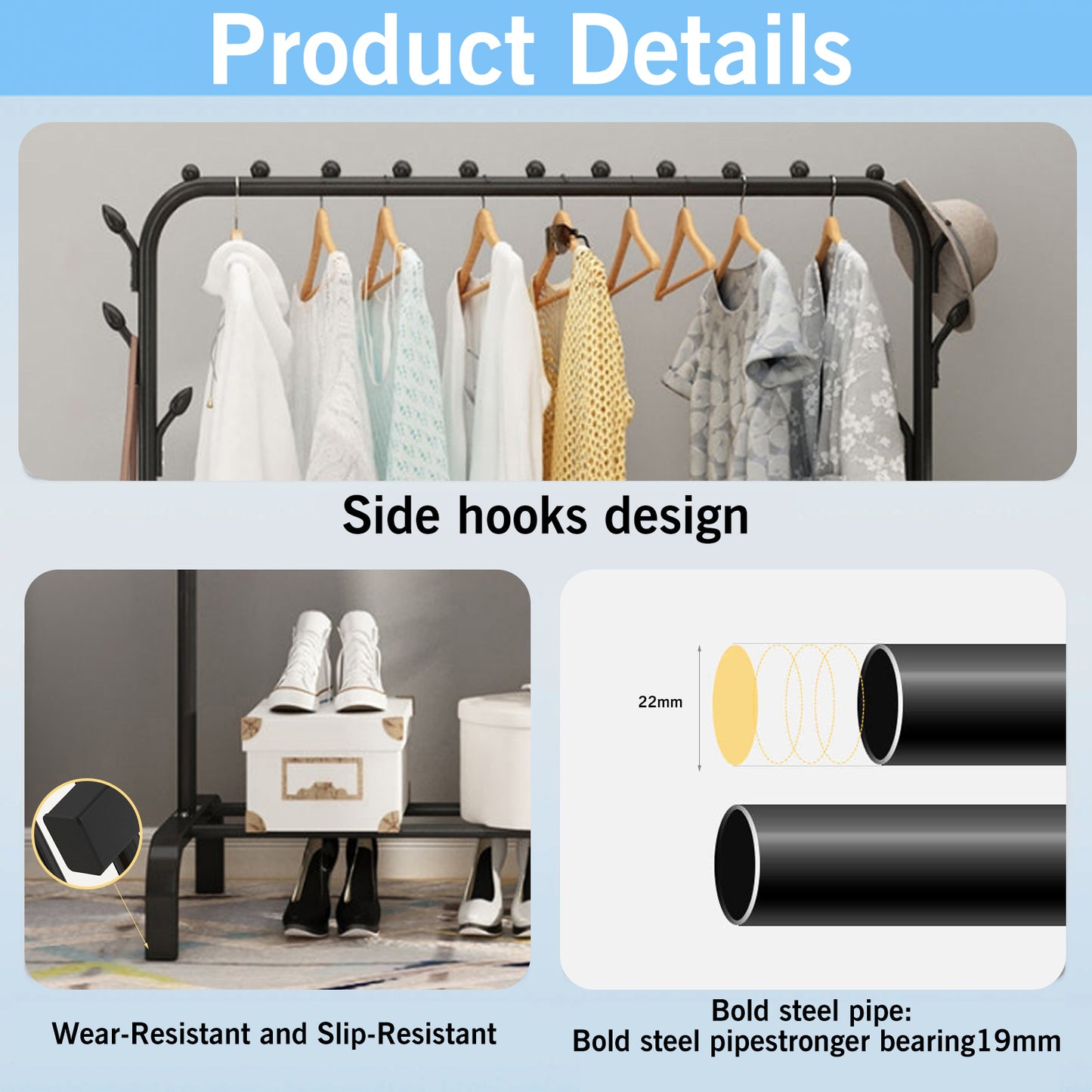 Clothes Rack, Heavy Duty Clothing Garment Rack with Bottom Shelf,Side Hat Hooks,8 Hooks for Hanging Clothes, Coats, Skirts, Shirts, Sweaters, Freestanding Clothes Organizer, Black
