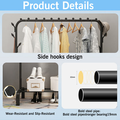 Clothes Rack, Heavy Duty Clothing Garment Rack with Bottom Shelf,Side Hat Hooks,8 Hooks for Hanging Clothes, Coats, Skirts, Shirts, Sweaters, Freestanding Clothes Organizer, Black