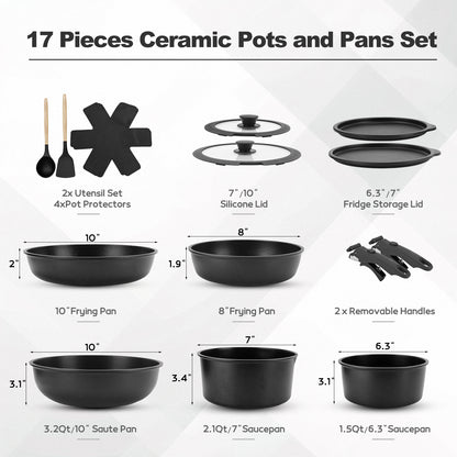 17-Piece Pots and Pans Set, Nonstick Cookware Set with Detachable Handles, Oven & Dishwasher Safe, Induction Compatible, Stackable RV Kitchen Cooking Set, Black