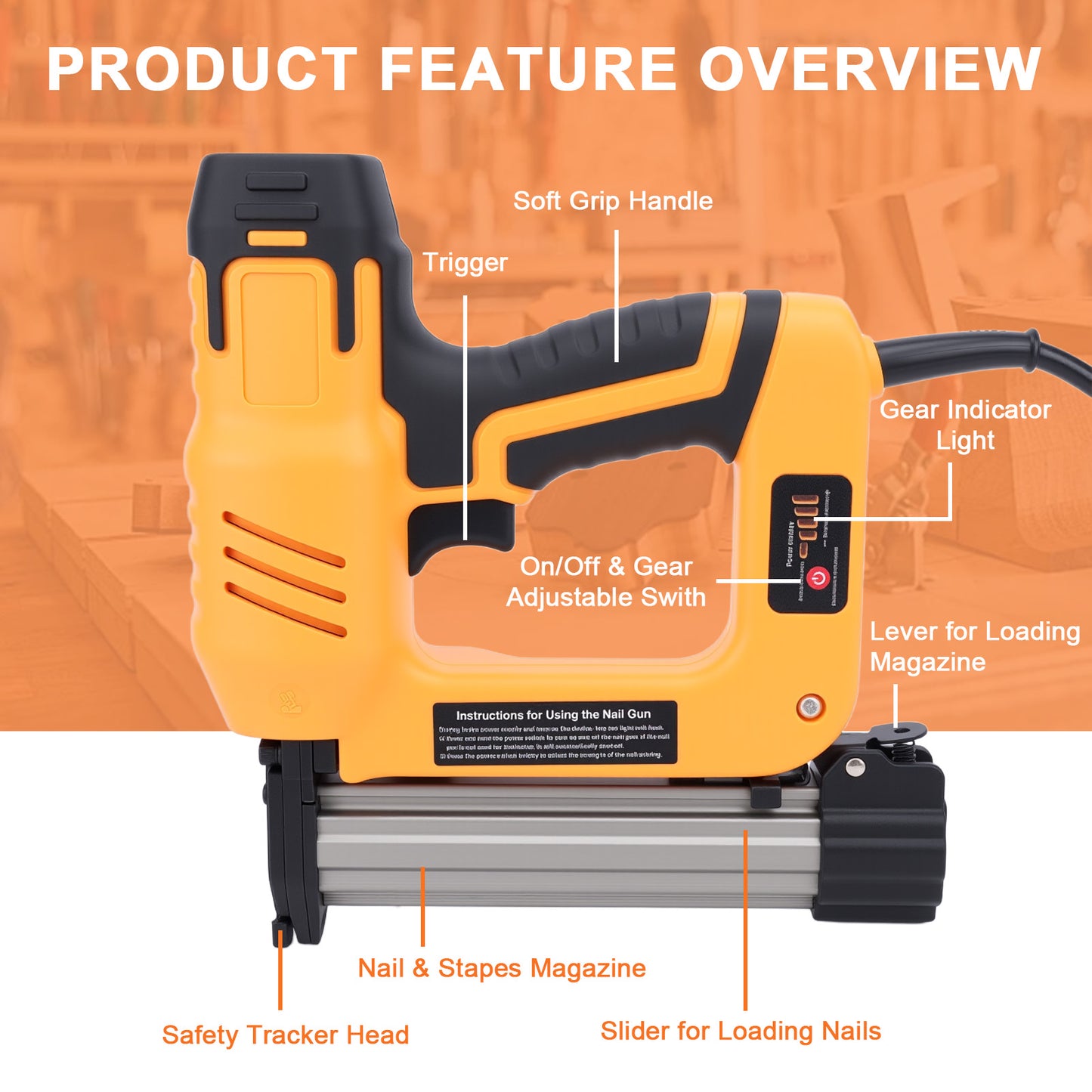 2-in-1 Electric Brad Nailer, Electric Nail Gun/Staple Gun for Upholstery, Carpentry and Woodworking Projects,Yellow