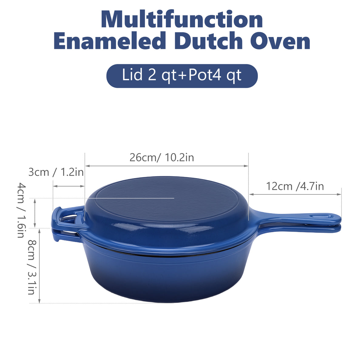 2 in 1 Cast Iron Dutch Oven Pot with Skillet Lid, 4+2qt Enamel Dutch Oven Dual Handle, All-in-One Cookware, Blue