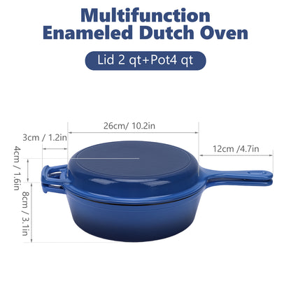 2 in 1 Cast Iron Dutch Oven Pot with Skillet Lid, 4+2qt Enamel Dutch Oven Dual Handle, All-in-One Cookware, Blue