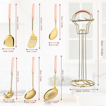 LHCER 7-Piece Kitchen Cookware Set with Ceramic Handled Holder - Includes Slotted Spoon, Slotted Spatula, Large Spoon, Soup Ladle, Spatula, Pasta Spoon