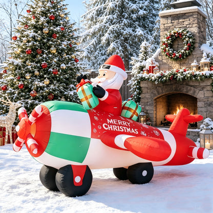 9FT Christmas Inflatables Airplane Outdoor Decorations Santa Claus on Flying Helicopter Built-in LED Lights Xmas Inflatable Blow Up Christmas Yard Decor