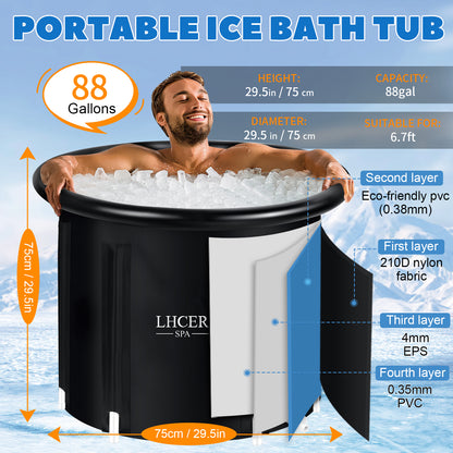 LHCER Portable Bathtub for Adults XL 88 Gallon Ice Bath Tub for Athletes Recovery, Inflatable Soaking Tub Shower, Cold Plunge Tub with Cover