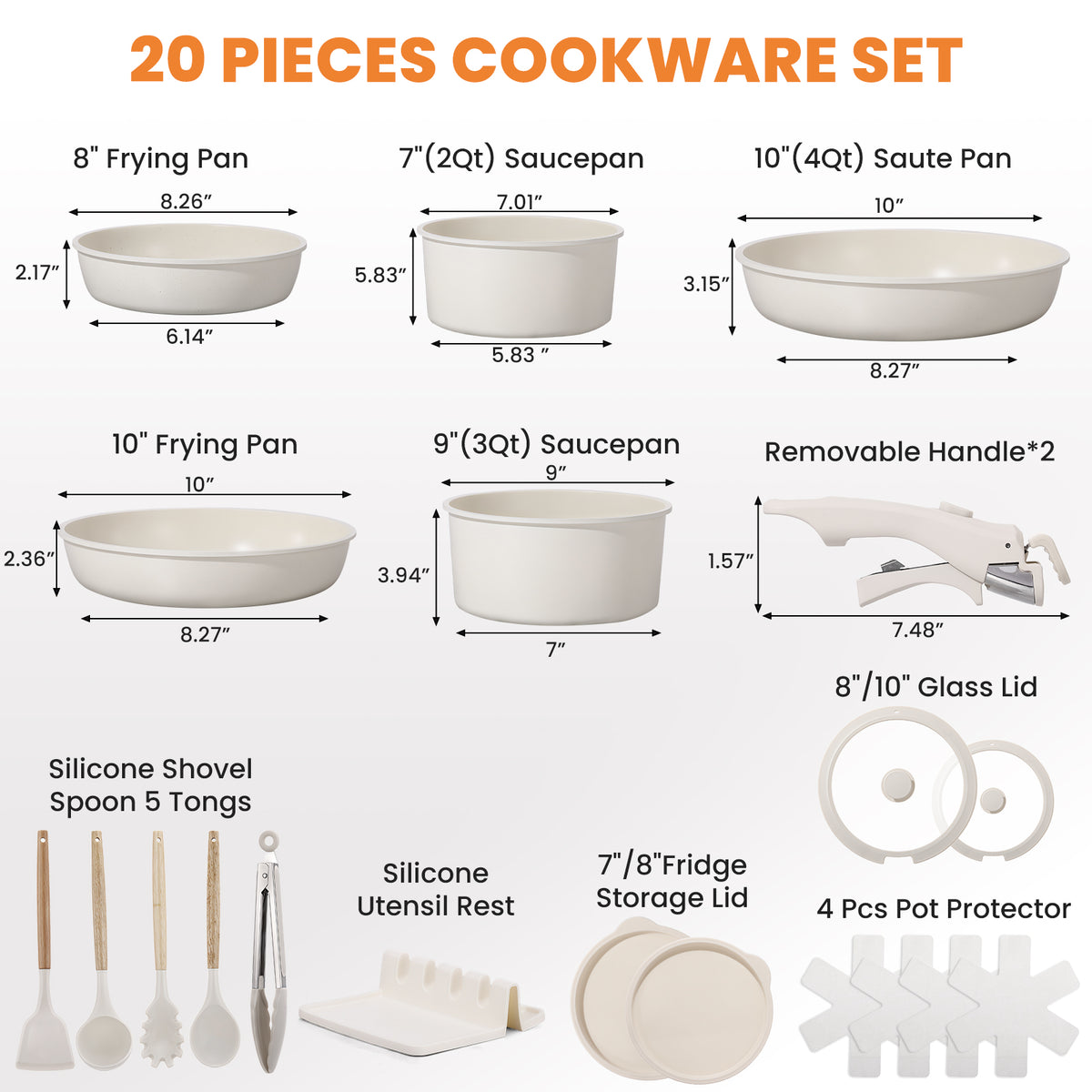 20-Piece Pots and Pans Set, Nonstick Cookware Set with Detachable Handles, Oven & Dishwasher Safe, Induction Compatible, Stackable RV Kitchen Cooking Set, White