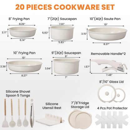 20-Piece Pots and Pans Set, Nonstick Cookware Set with Detachable Handles, Oven & Dishwasher Safe, Induction Compatible, Stackable RV Kitchen Cooking Set, White
