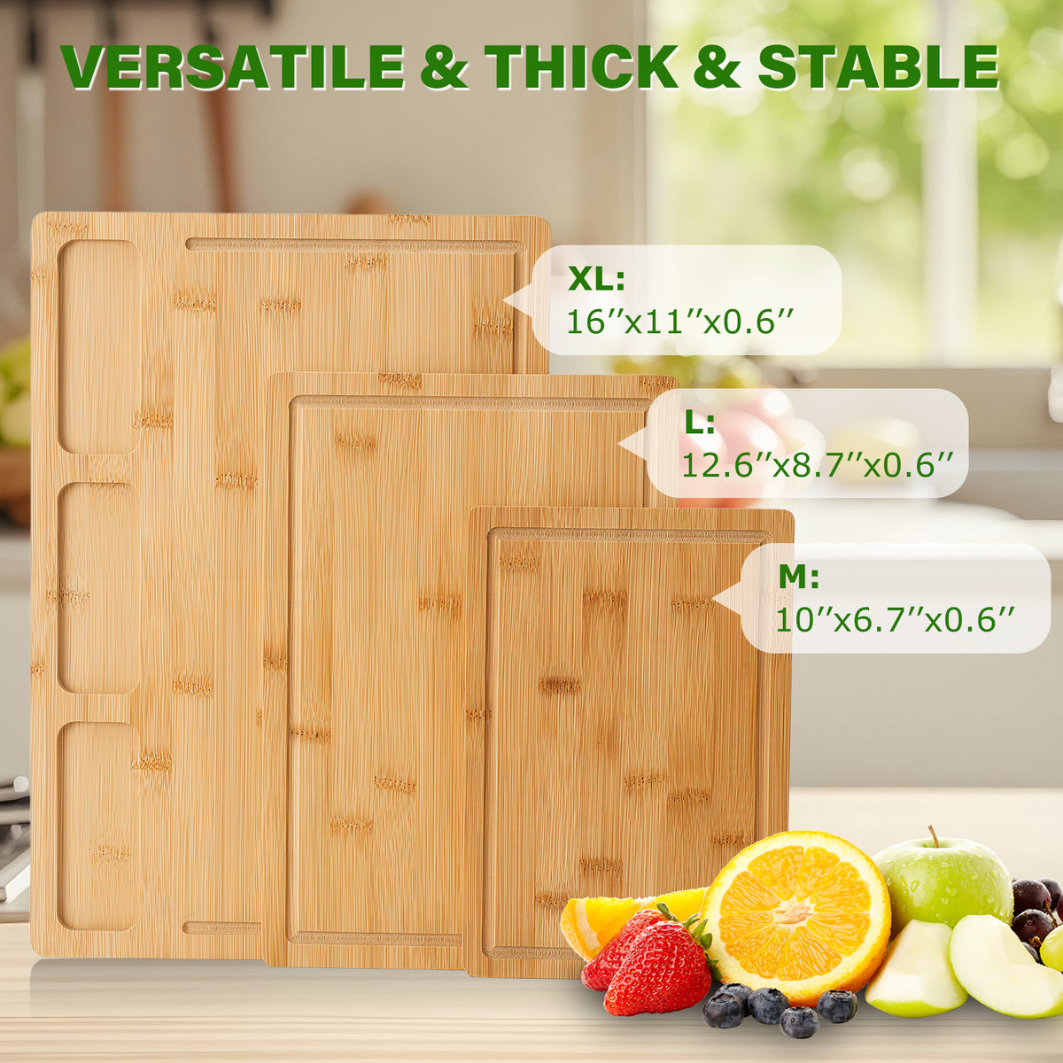 3 Sizes Bamboo Cutting Board Set with Juice Groove & Side Storage Slots, Heavy Duty Wooden Kitchen Chopping Boards for Meat Vegetable Fruit