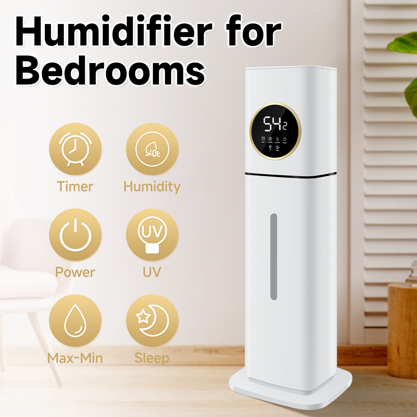 Humidifier For Large Rooms, 8L/2.11Gal Cool Mist Tower Top Fill Humidifiers, Floor Humidifiers For Baby,Pets,Plants,with Remote,Timer,Auto Shut Off,White