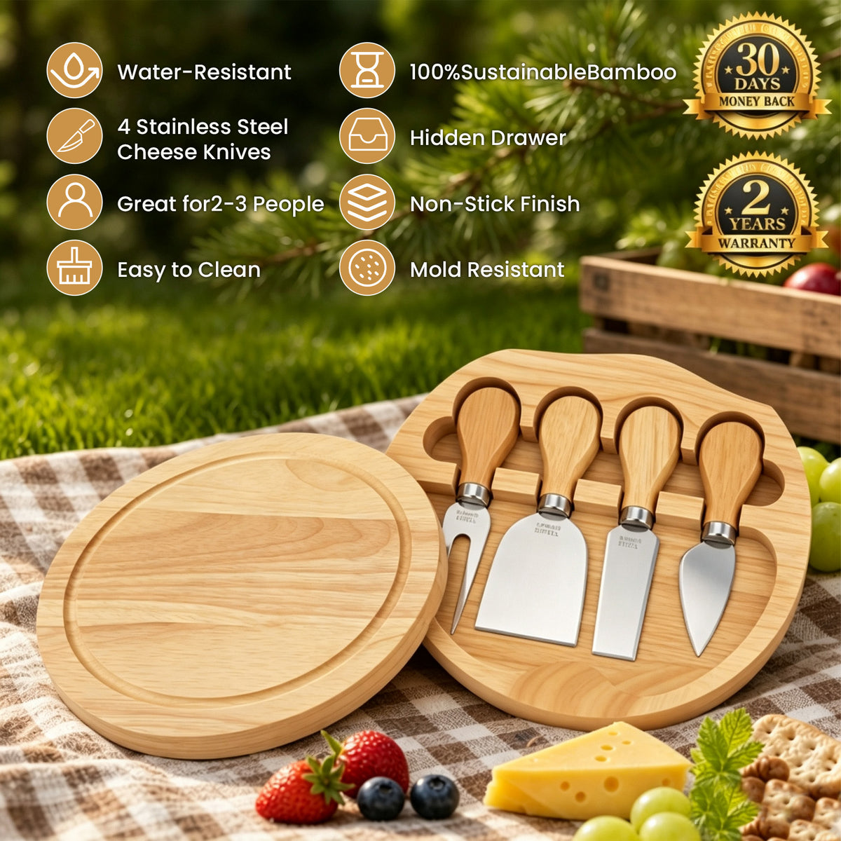 Bamboo Cheese Board and Knife Set, 10 inch Round Charcuterie Board, Serving Tray, Platter, Wood Cheese Board Set, Gift Idea