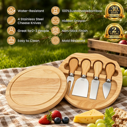 Bamboo Cheese Board and Knife Set, 10 inch Round Charcuterie Board, Serving Tray, Platter, Wood Cheese Board Set, Gift Idea