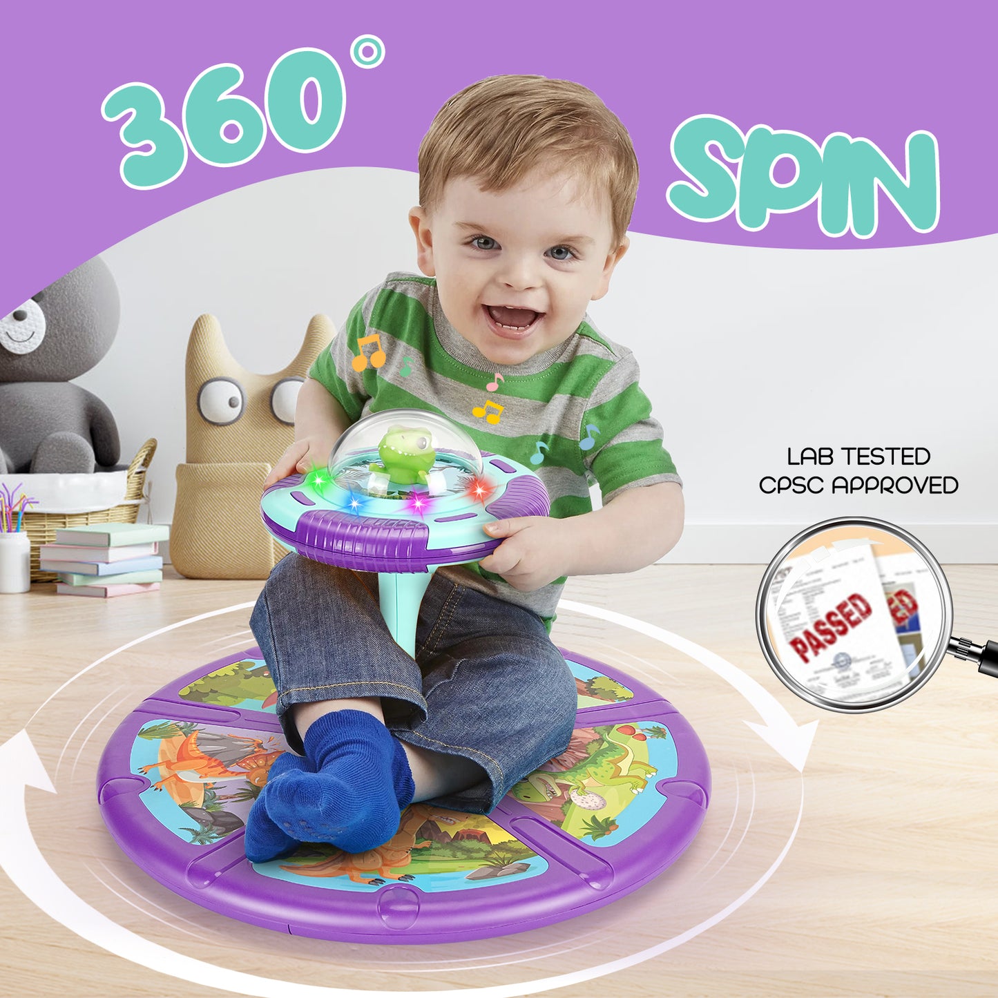 Dinosaur Sit and Spin, 360° Sit and Spin, Toddler Toy Age 1 2 3 with LED & Music, Birthday Gift for Boy Girl 18 Months +, Toddler