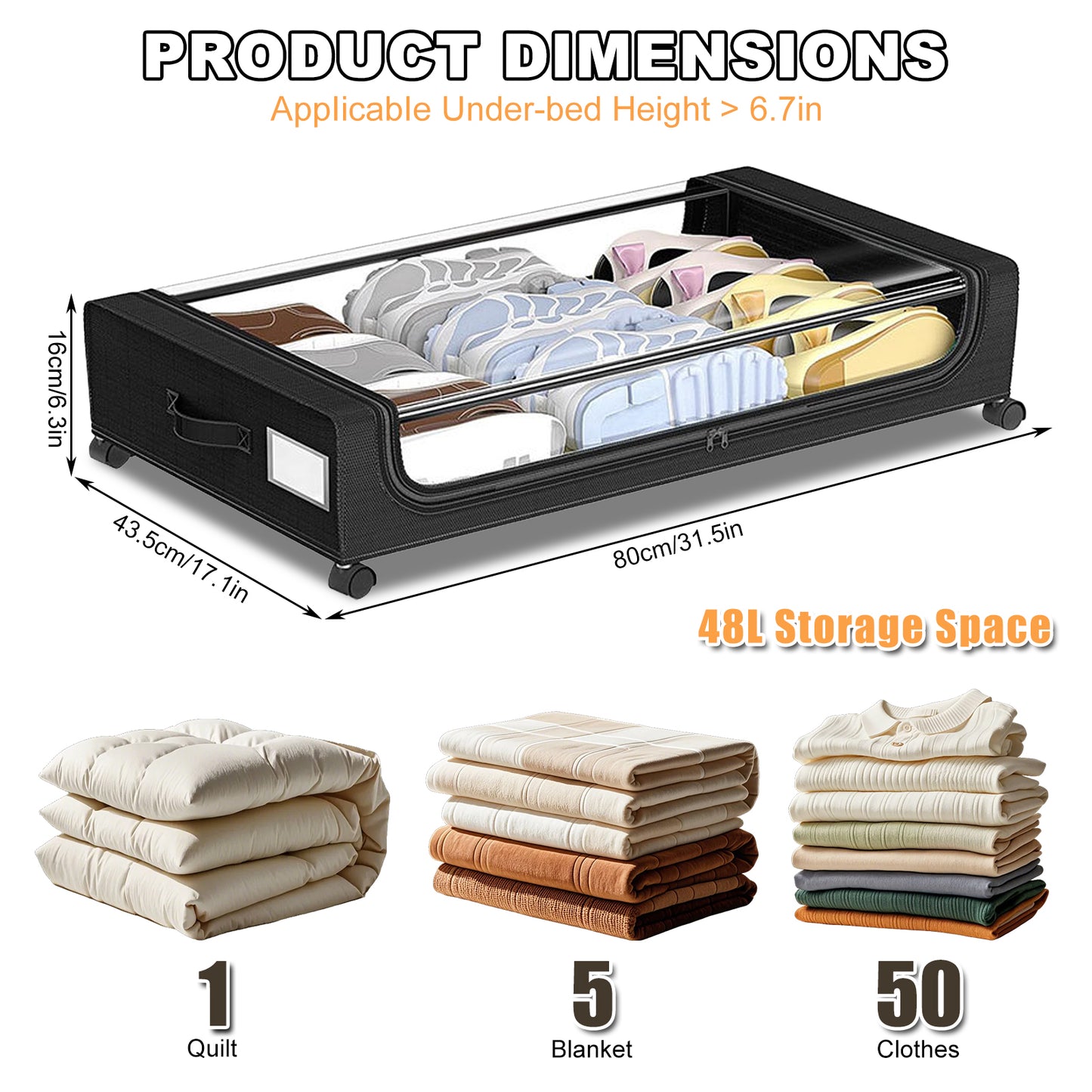 48L Under Bed Storage Containers, Under Bed Shoe Storage Organizer With Clear Lid, Bedroom Storage Organization Drawer For Clothes, Shoes, Toys,Black