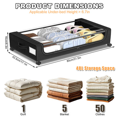 48L Under Bed Storage Containers, Under Bed Shoe Storage Organizer With Clear Lid, Bedroom Storage Organization Drawer For Clothes, Shoes, Toys,Black