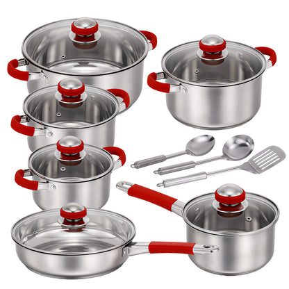 15Pcs Stainless Steel Cookware Set, Pots and Pans Set with Glass Lids, Kitchen Induction Cookware with Utensil Sets For Oven & Dishwasher ,Heavy Premium Kitchen Cooking, Red