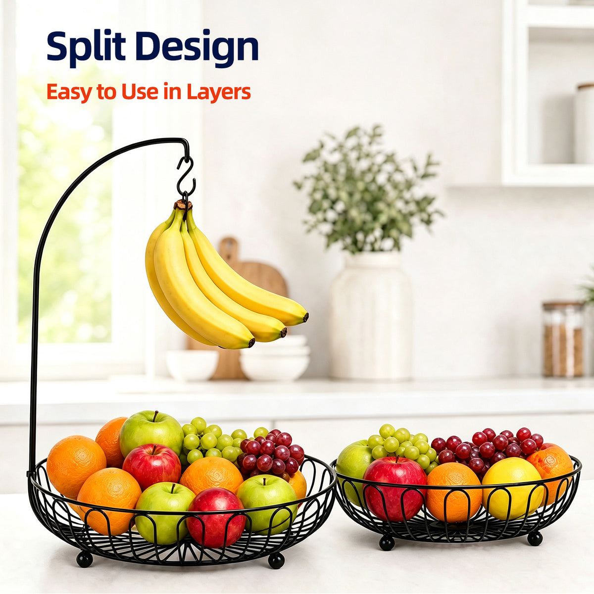 2-Tier Iron Countertop Fruit Vegetables Basket Bowl Storage With Banana Hanger & Detachable Fruit Basket, Black