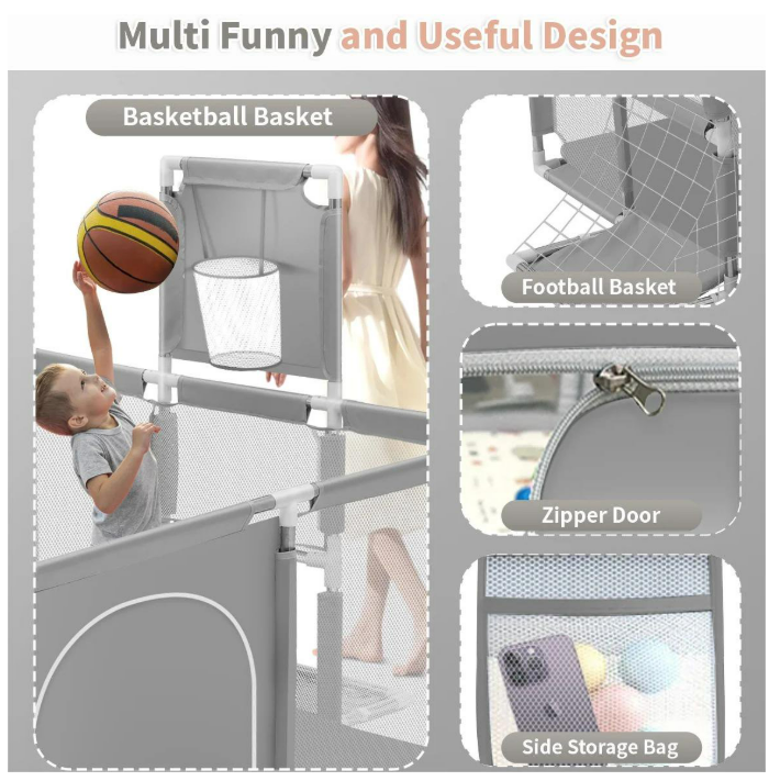 71" x 48" Extra Large Playpen for Babies Toddlers, Baby Playard with Basketball Hoop, No Gap Kids Fence Play Area Ball Pits, Infant Safety Play Yard with Door/Soccer Net