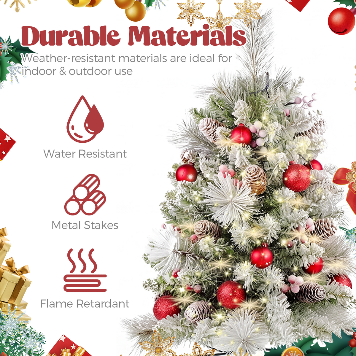 2Pcs 76cm Artificial Christmas Tree PVC Outdoor Decorative Mini Xmas Tree Set, Red Bows & Glitter Ornaments