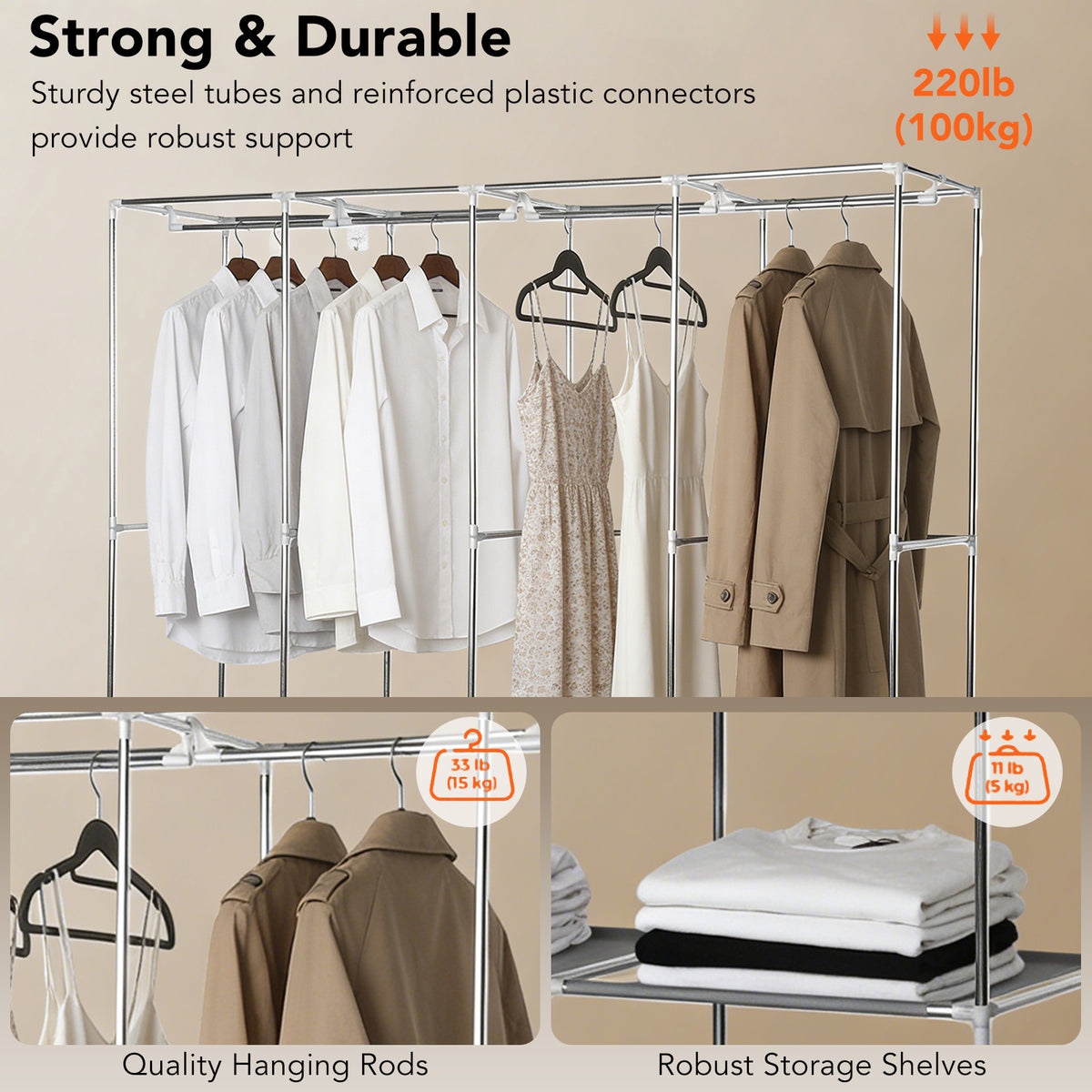 Portable Closet, 65" H Wardrobe Closet for Hanging Clothes 8 Storage Organizer Shelves with 4 Hanging Rods,Grey