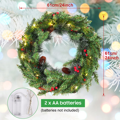 24 Inch Pre-Lit Artificial Christmas Wreath, Green, Crestwood Spruce, White Lights, Decorated with Pine Cones, Berry Clusters, Frosted Branches, Christmas Collection