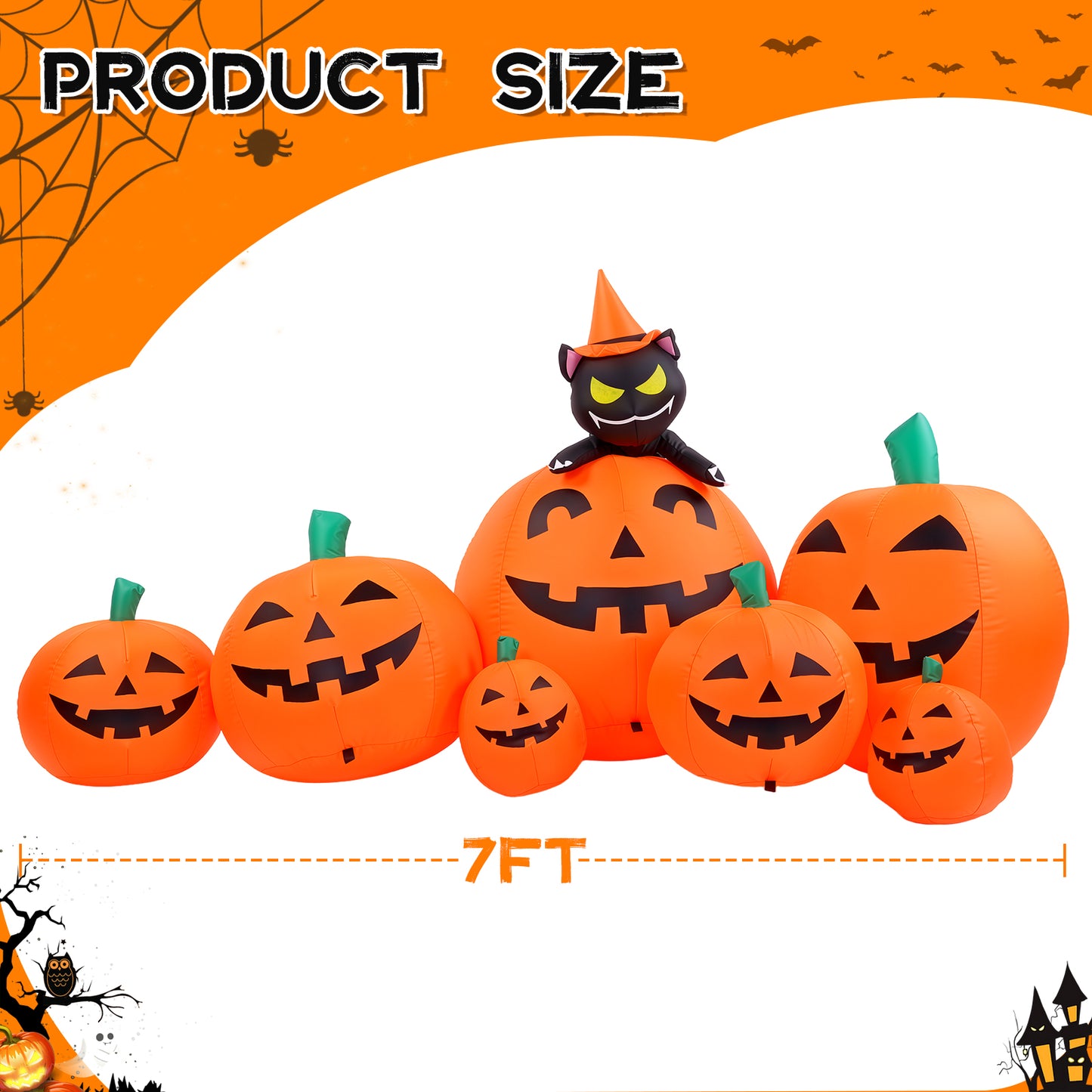 7 FT Long Halloween Inflatables Pumpkin Outdoor Decorations, 7 Pumpkins Outside Decoration with Witch's Cat with Build-in LEDs Blow Up Inflatables for Party Yard Lawn Garden Decor