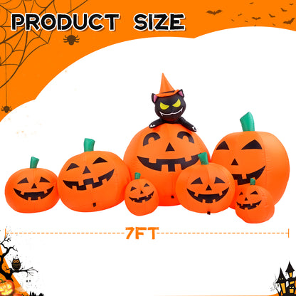 7 FT Long Halloween Inflatables Pumpkin Outdoor Decorations, 7 Pumpkins Outside Decoration with Witch's Cat with Build-in LEDs Blow Up Inflatables for Party Yard Lawn Garden Decor