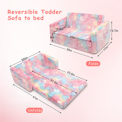 Toddler Couch, Toddler Chair Folding, Kids Couch 2 In 1, Kids Sofa for Playroom-Extra Soft 2 Seats, Glow In The Dark Open Couch, Gifts For Kids, Sleeper For Girls Boys,Pink