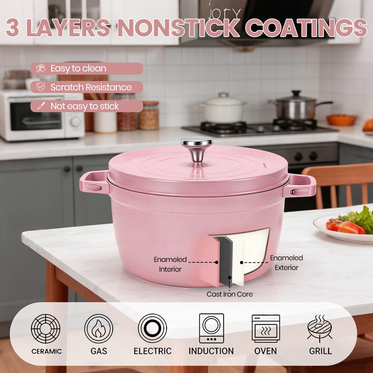 5.5 QT Enameled Cast Iron Dutch Oven Pot with Lid, Dual Handles, Non-Stick Coating for Bread Baking & Cooking, Pink