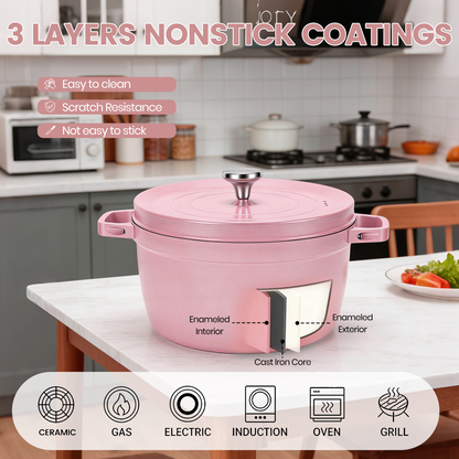 5.5 QT Enameled Cast Iron Dutch Oven Pot with Lid, Dual Handles, Non-Stick Coating for Bread Baking & Cooking, Pink