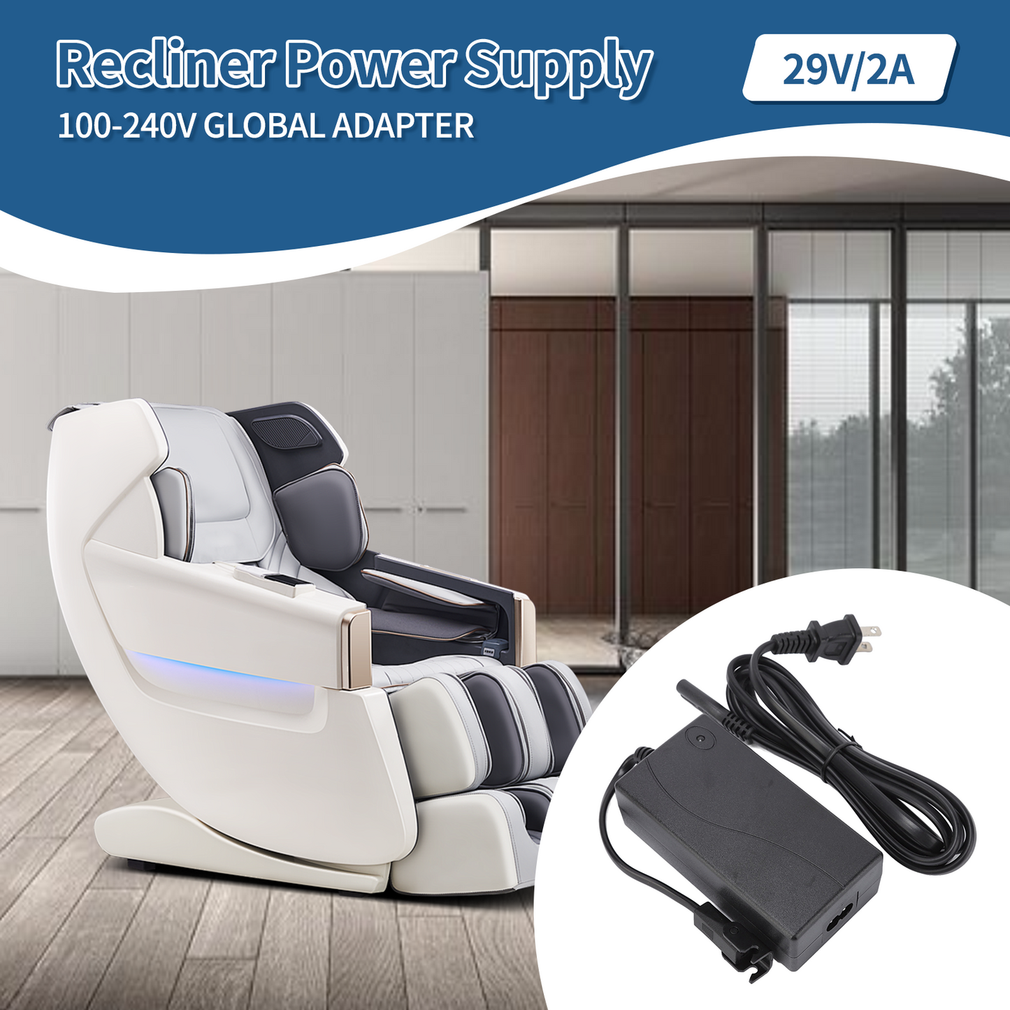 Universal Power Cord for Recliner Chair - 2-Pin Power Adapter for Lift Chair, Recliner Sofa, Recliner Couch, 29V/24V 2A AC/DC Switching Recliner Power Supply