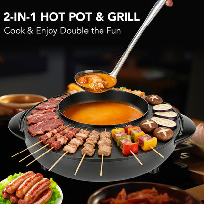 2‑in‑1 Electric Hot Pot and Grill Combo, Smokeless Indoor Korean BBQ & Shabu Shabu Pot, Non‑Stick Countertop Cooker 5-Temp Control for Family Dinner Party, Black