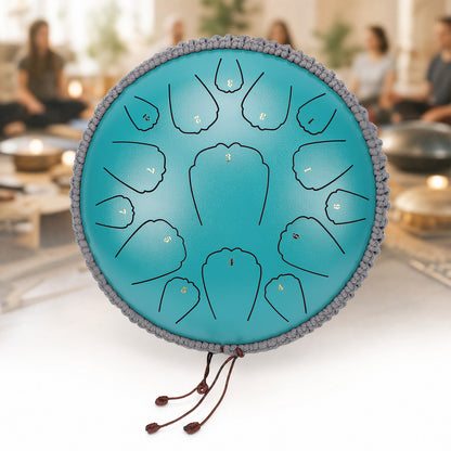 13 inch Steel Tongue Drum, 15 Notes D Major Handpan Drum with Mallets & Carry Bag, Carbon Steel Rain Drum Style Calming Percussion Instrument for Meditation Yoga Beginners Gift, Malachite Green