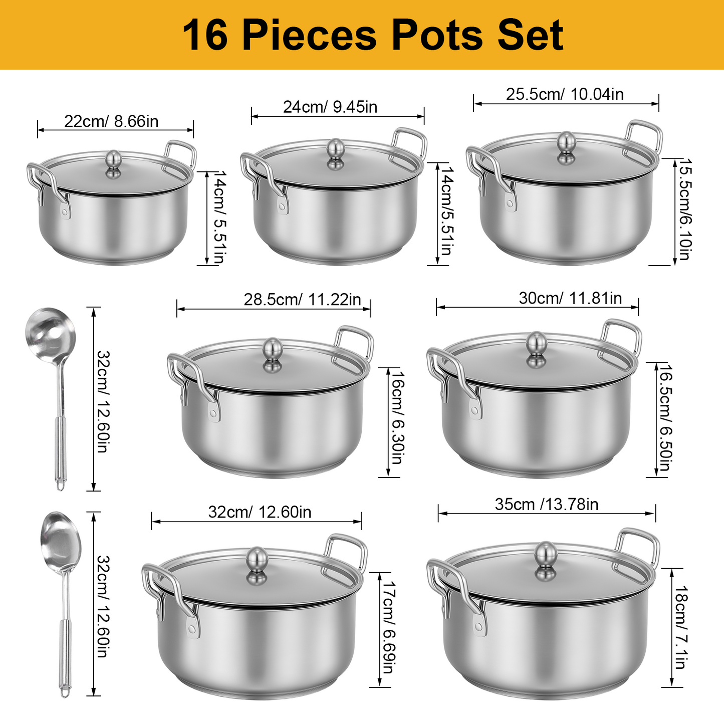 Stainless Steel Pots Sets 16-Piece, Kitchen Cookware Set Saucepan with Glass Lid Stockpot Soup Pot with 2 Ear Handle For Cooking Dishwasher, Silver