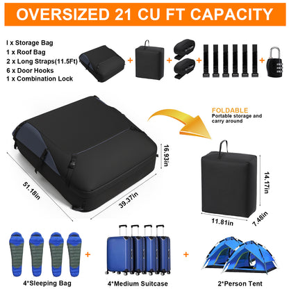 Car Top Cargo Carrier, 21 Cubic Ft 1000D Waterproof Vehicle Soft-Shell Carriers For Cars With/Without Luggage Rack, Car Roof Bag With Combination Lock, 6 Door Hooks, Reinforced