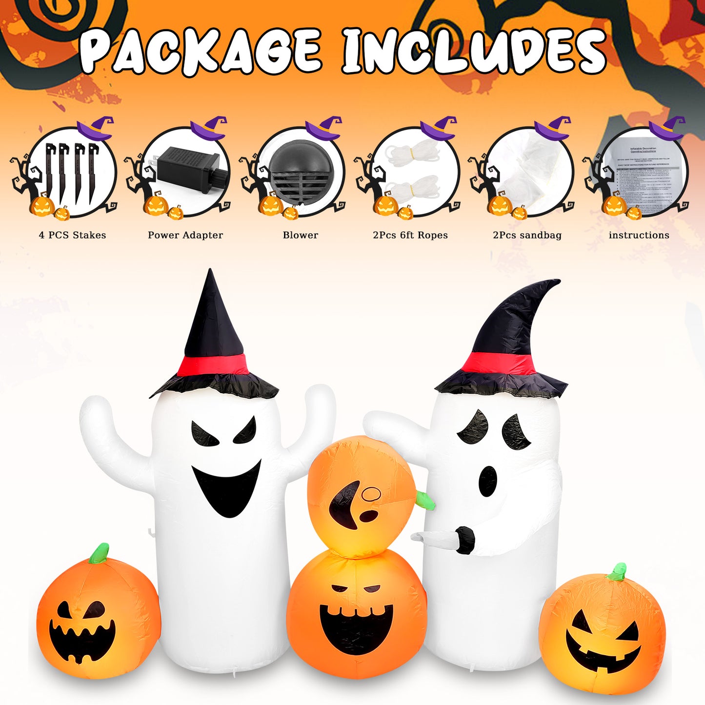 7 FT Long Lighted Inflatable Ghosts with Pumpkins, Blow Up Decorations for Indoor Outdoor Garden Lawn Party Yard Decorations