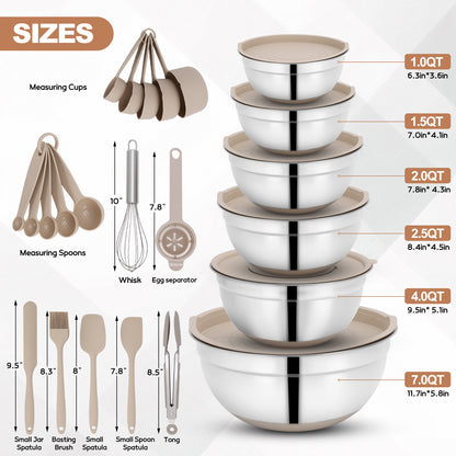 Mixing Bowls with Airtight Lids, 32Pcs Stainless Steel Nesting Non-Slip Bottoms Mixing Serving Bowls Set wtih 3 Grater & Tools Gadgets, 7/4/2.5/2.5/1.5/1QT Metal Salad Bowls for Mixing & Serving