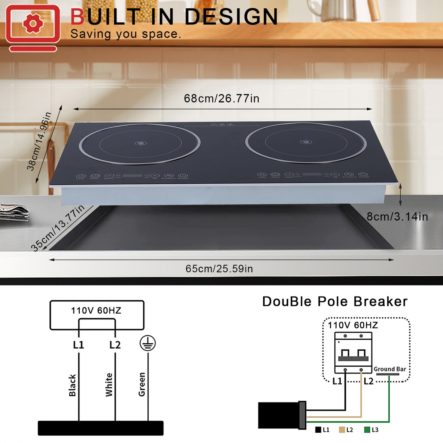 Electric Ceramic Cooktop,26.8 in 2 Burners Built-in Countertop Burners Cooker,2200W Electric Stove,11 Power Levels, Kids Lock & Timer,LED Touch Control