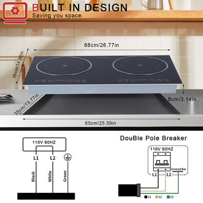 Electric Ceramic Cooktop,26.8 in 2 Burners Built-in Countertop Burners Cooker,2200W Electric Stove,11 Power Levels, Kids Lock & Timer,LED Touch Control