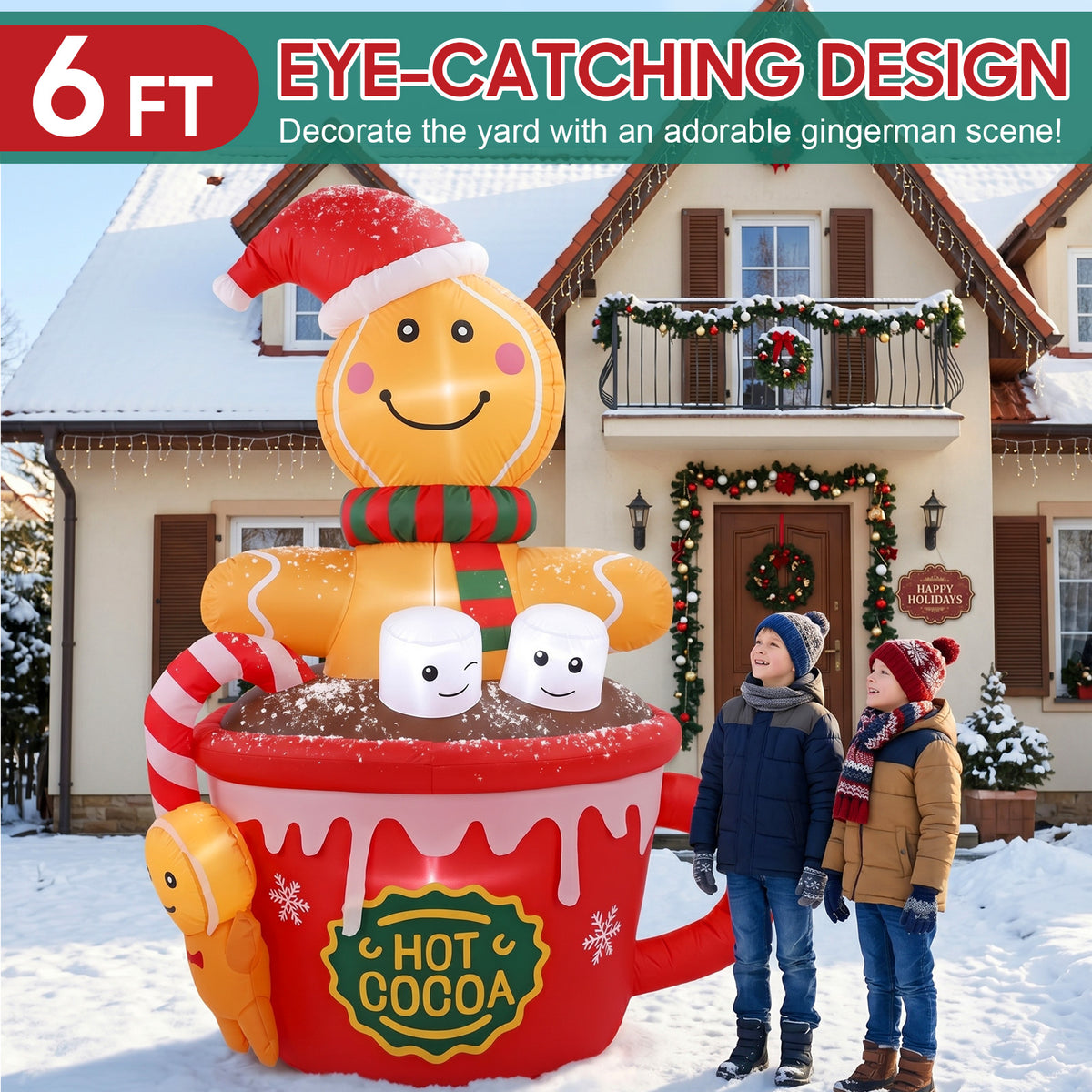 6 FT Christmas Inflatables Outdoor Decorations, Cute Christmas Blow Up Yard Decorations Gingerbread Man in Hot Cocoa Mug Scene for Garden Lawn Xmas Decor