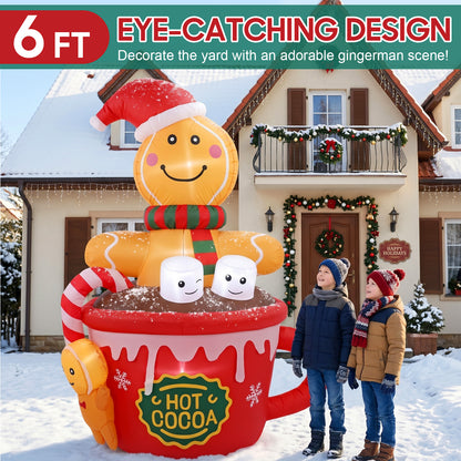 6 FT Christmas Inflatables Outdoor Decorations, Cute Christmas Blow Up Yard Decorations Gingerbread Man in Hot Cocoa Mug Scene for Garden Lawn Xmas Decor