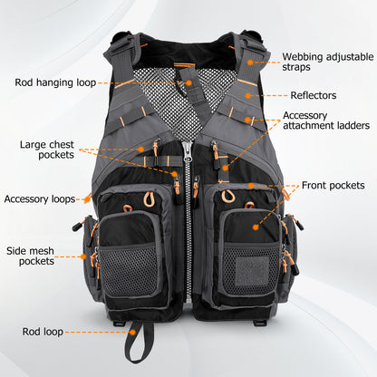 Fly Fishing Vest for Men Women, Comfortable Adjustable Fishing Vest with Multi-Pockets Reflective Stripes, Lightweight and Durable Unisex Strap Fishing Vest Pack, for Fly Bass Fishing,Black