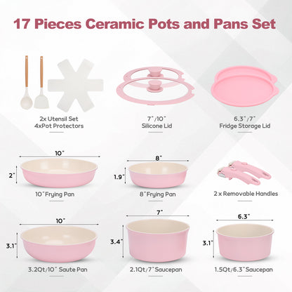 17 Piece Ceramic Pots and Pans Set, Nonstick Cookware Set with Detachable Handles, Oven Safe to 480°F, Induction Compatible, Stackable RV Kitchen Cooking Set, Pink