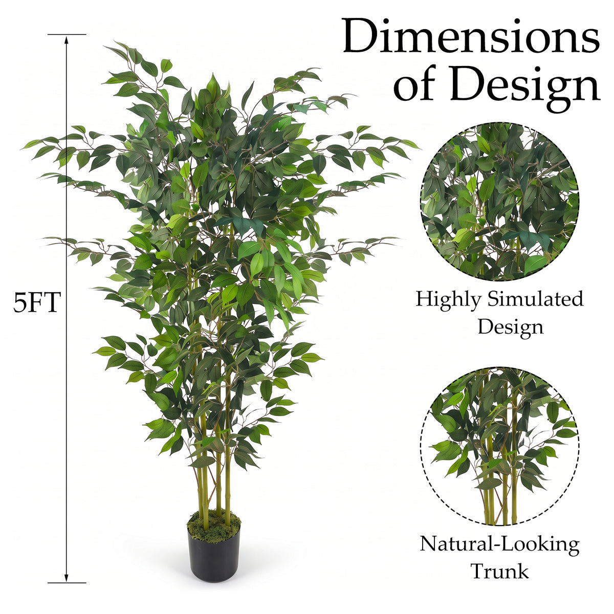 5ft Artificial Ficus Tree with Natural Trunk & Dense Foliage, Realistic Faux Ficus Tree with Lifelike Leaves, Sturdy Pot, Tall Fake Plants for Home Office Living Room, Porch, Garden Decor