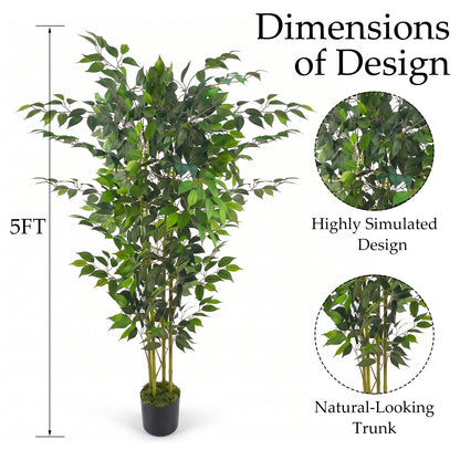 5ft Artificial Ficus Tree with Natural Trunk & Dense Foliage, Realistic Faux Ficus Tree with Lifelike Leaves, Sturdy Pot, Tall Fake Plants for Home Office Living Room, Porch, Garden Decor