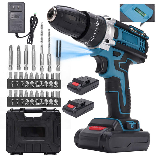 21V Cordless Power Drill Set, Power Drill Driver Kit with 2 Lithium-ion Battery and Charger, 3/8-Inch Keyless Chuck, 2 Variable Speed, 25+3 Position and 27pcs Drill/Driver Bits