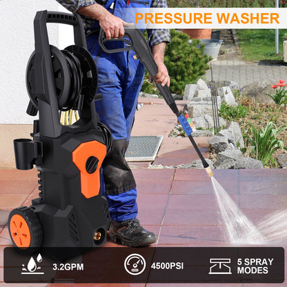 Electric Pressure Washer, 4500PSI Max 3.2 GPM 33FT Hose w/ Hose Reel , 4 Connect Nozzles Foam Cannon for Cars, Fences, Driveways, Patios, Home Cleaning