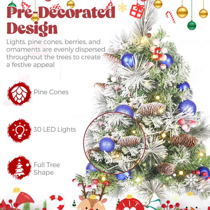 2 Pack 30 inch Prelit Outdoor Pathway Christmas Tree with LED Lights, Battery Operated Snow Flocked Christmas Tree with Pine Needles Cones Balls & Berries, Frosted Urn Filler for Porch Yard Decor