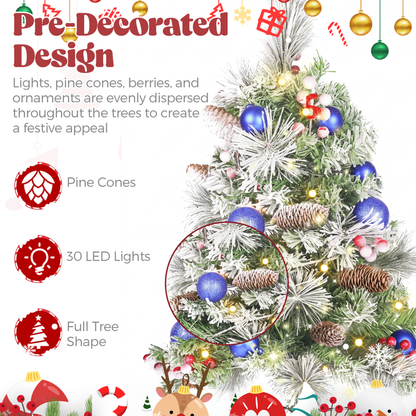 2 Pack 30 inch Prelit Outdoor Pathway Christmas Tree with LED Lights, Battery Operated Snow Flocked Christmas Tree with Pine Needles Cones Balls & Berries, Frosted Urn Filler for Porch Yard Decor